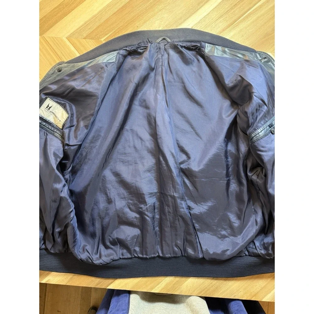 VTG Moreschi Italy LambSkin Navy‎ Bomber Jacket Men XL Embroidered Details Moto